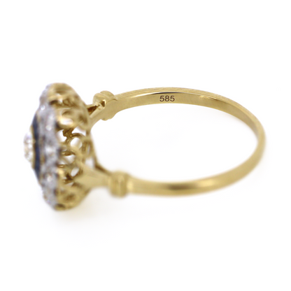 Yellow Gold Blue Sapphire and Diamond Halo Ring