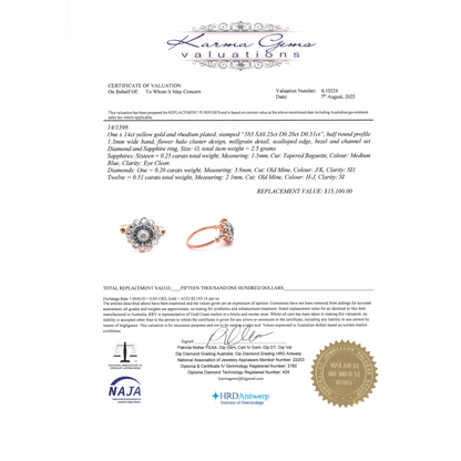 Yellow Gold Blue Sapphire and Diamond Halo Ring