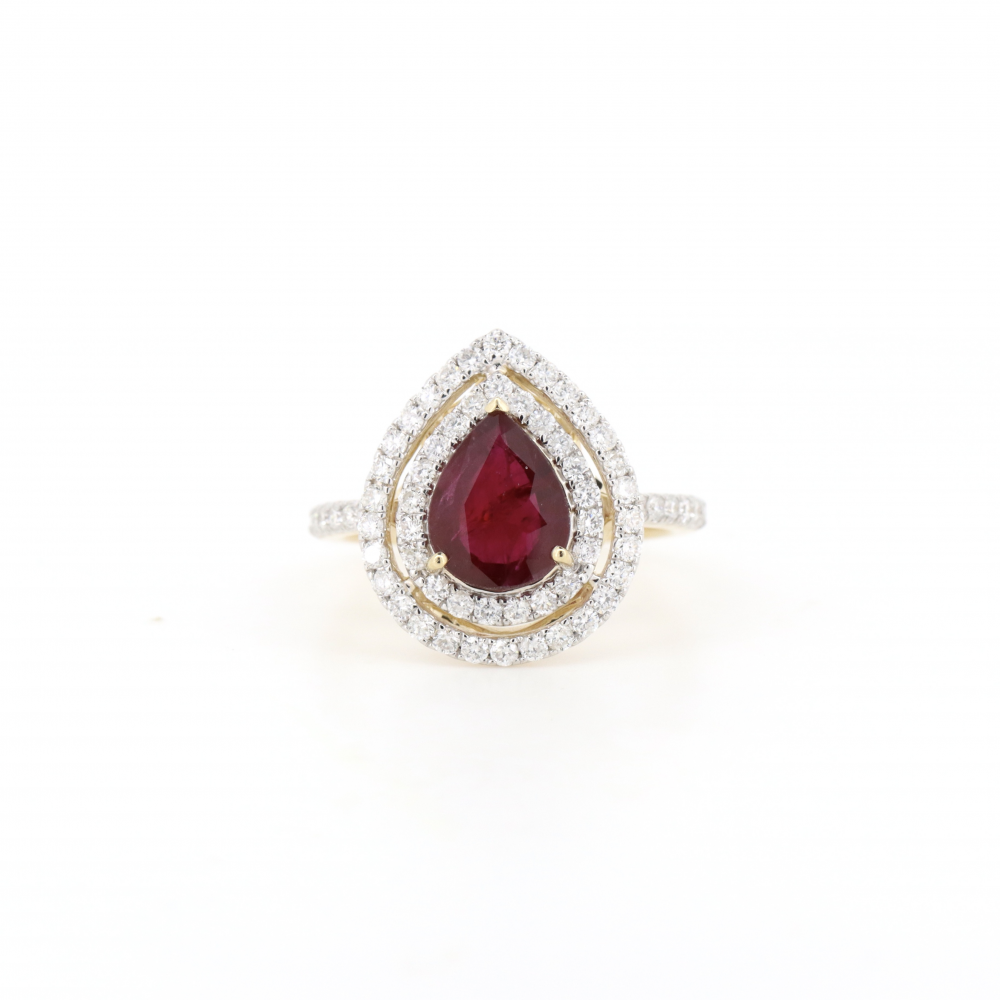 Pear shaped Ruby and Diamond Double Halo Ring