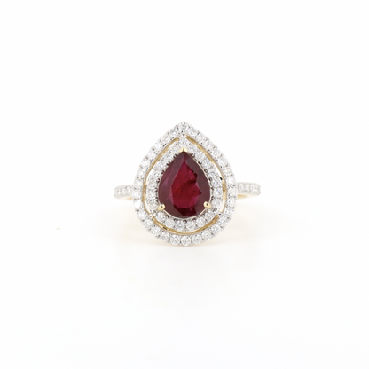 Pear shaped Ruby and Diamond Double Halo Ring