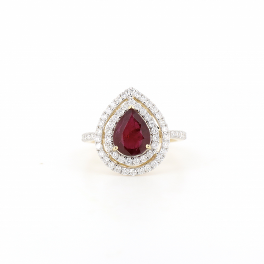 Pear shaped Ruby and Diamond Double Halo Ring