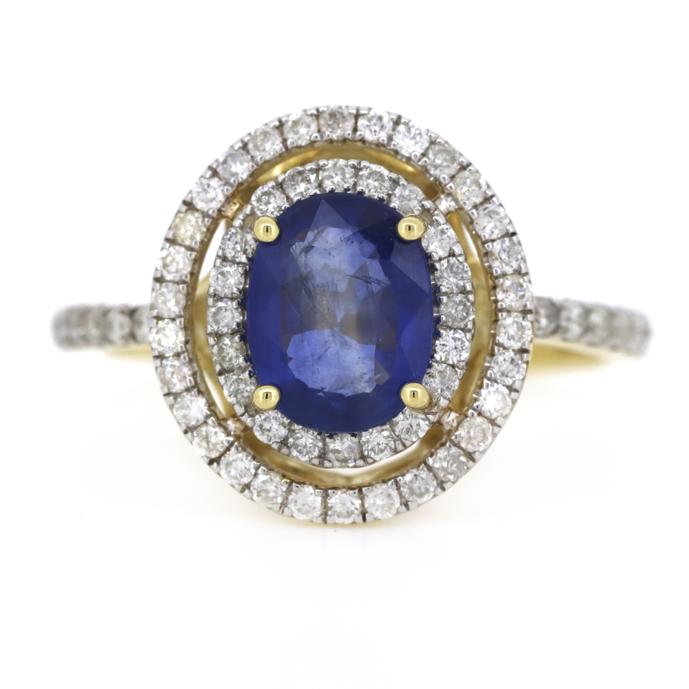 Yellow Gold 1.56ct Blue Ceylon Sapphire and Diamond Double Halo Ring
