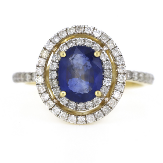 Yellow Gold 1.56ct Blue Ceylon Sapphire and Diamond Double Halo Ring