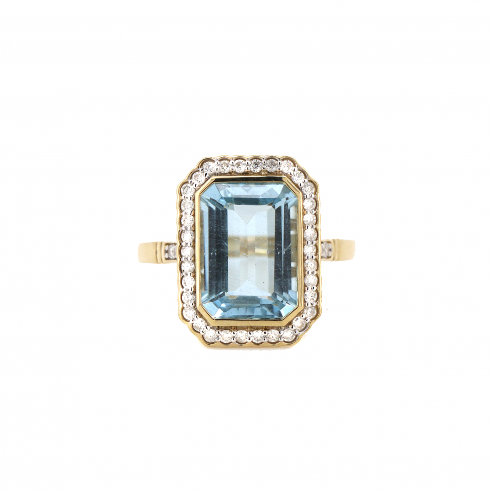 Yellow Gold Aquamarine and Diamond Halo Ring