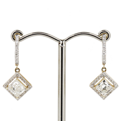 Yellow Gold Diamond Square Halo Drop Earrings