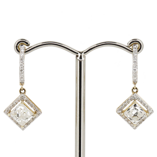 Yellow Gold Diamond Square Halo Drop Earrings