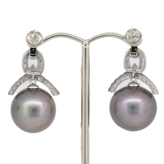 White Gold Black Tahitian Cultured Pearl and Diamond Art Deco Inspired Drop Earrings
