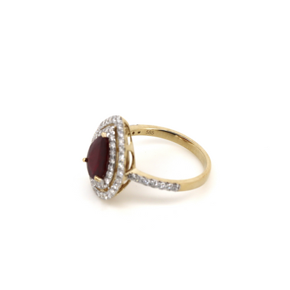 Pear shaped Ruby and Diamond Double Halo Ring