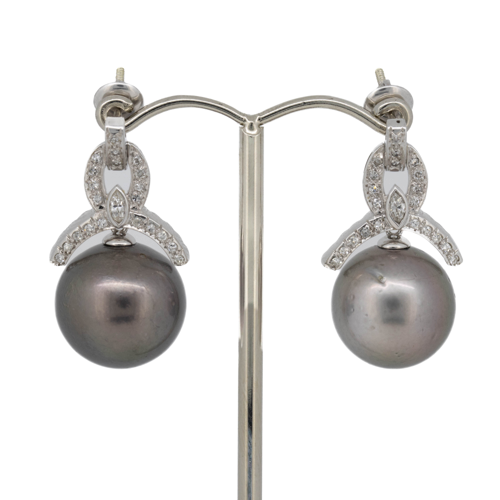 White Gold Black Tahitian Cultured Pearl and Diamond Art Deco Inspired Drop Earrings