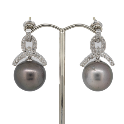White Gold Black Tahitian Cultured Pearl and Diamond Art Deco Inspired Drop Earrings