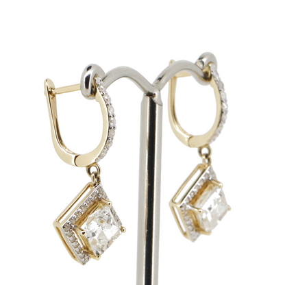 Yellow Gold Diamond Square Halo Drop Earrings