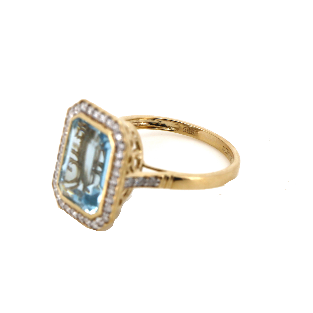 Yellow Gold Aquamarine and Diamond Halo Ring