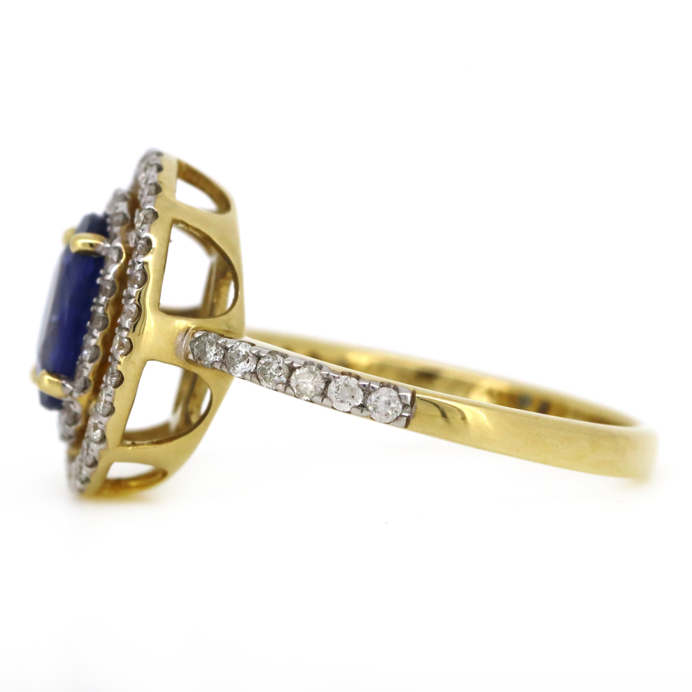 Yellow Gold 1.56ct Blue Ceylon Sapphire and Diamond Double Halo Ring