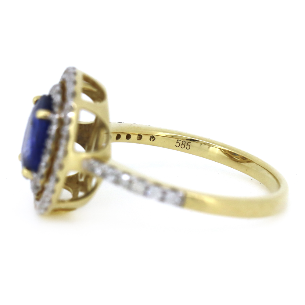 Yellow Gold 1.56ct Blue Ceylon Sapphire and Diamond Double Halo Ring