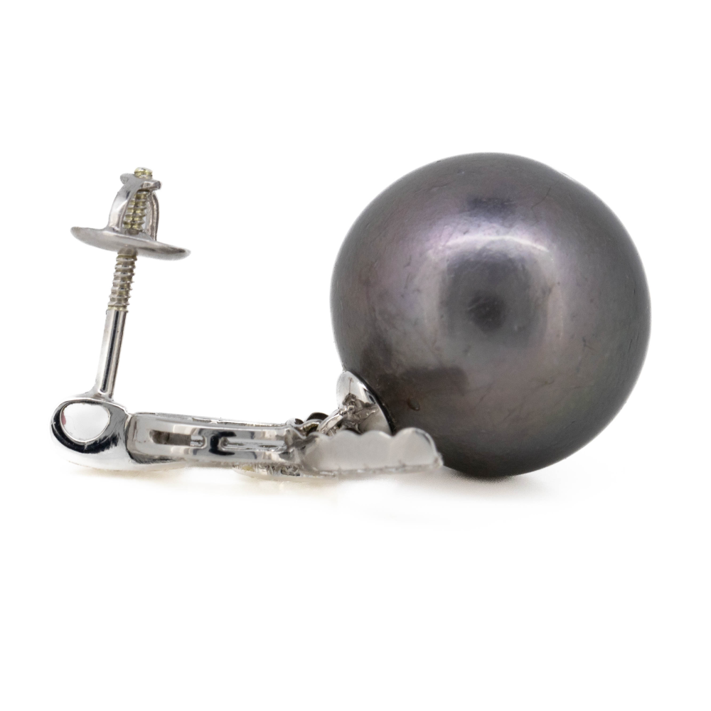 White Gold Black Tahitian Cultured Pearl and Diamond Art Deco Inspired Drop Earrings