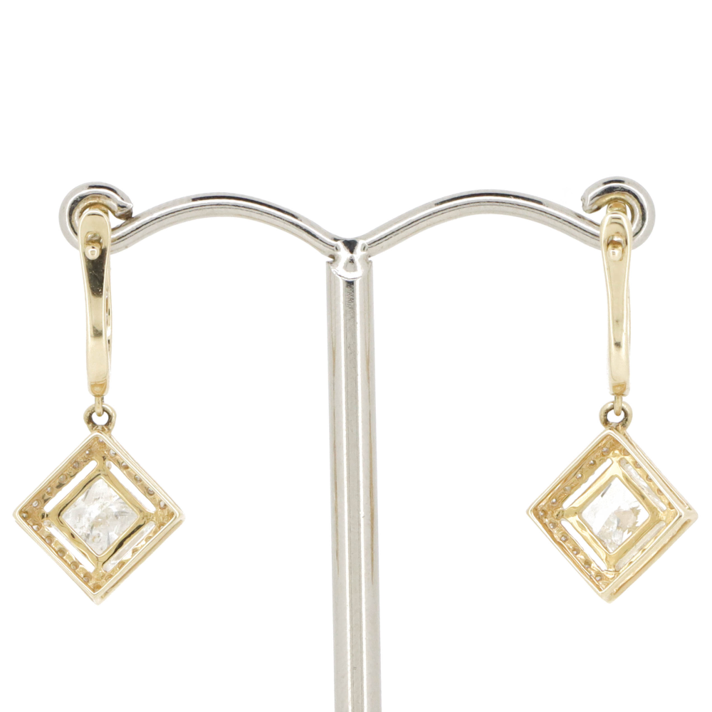 Yellow Gold Diamond Square Halo Drop Earrings