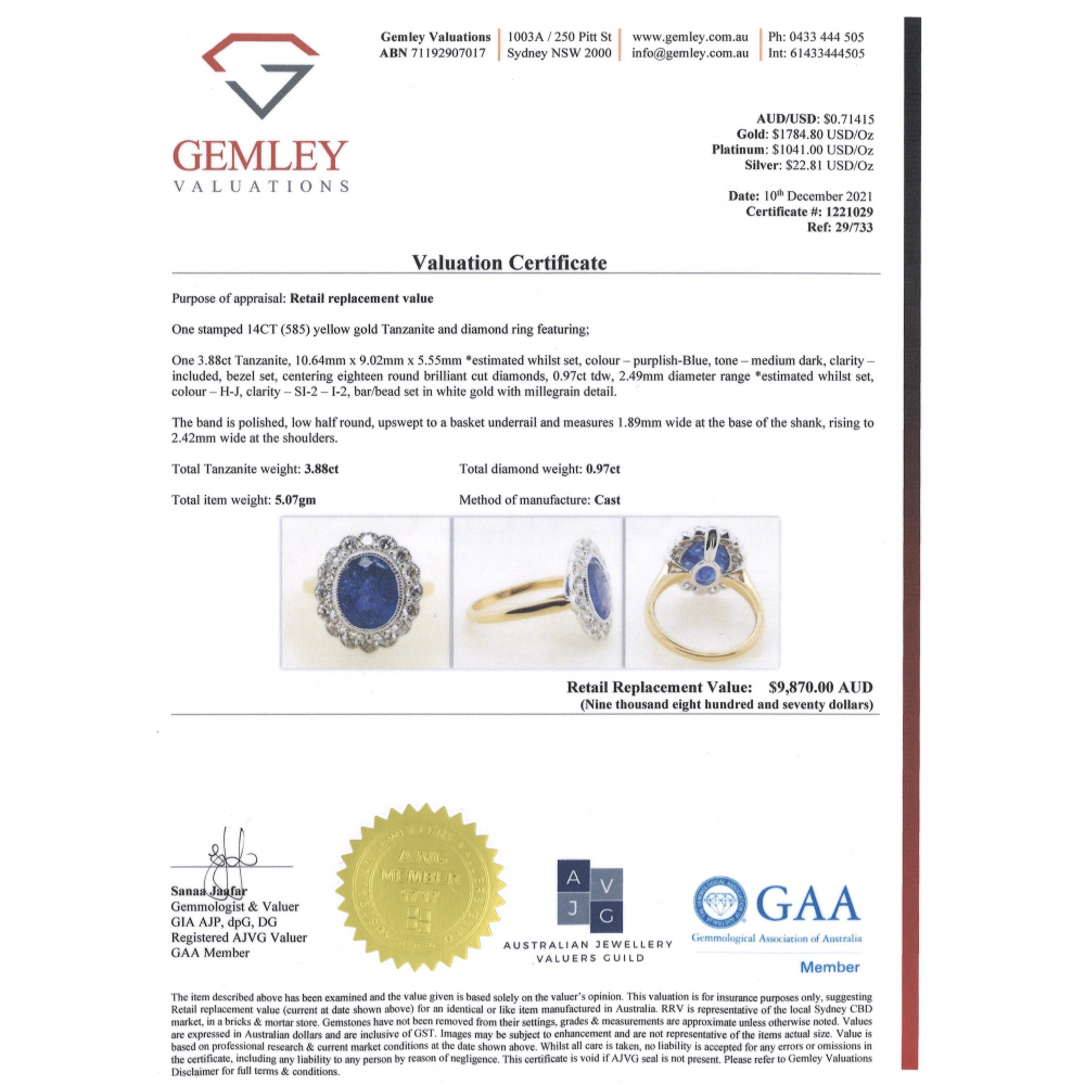 Yellow and White Gold Tanzanite and Diamond Vintage Inspired Ring