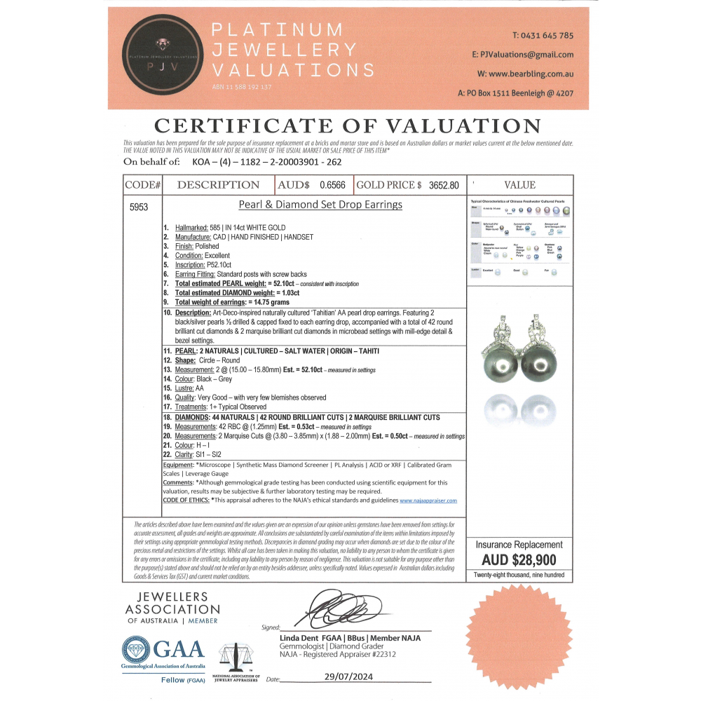 White Gold Black Tahitian Cultured Pearl and Diamond Art Deco Inspired Drop Earrings