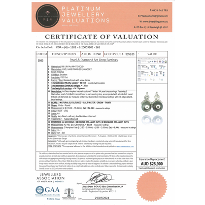 White Gold Black Tahitian Cultured Pearl and Diamond Art Deco Inspired Drop Earrings