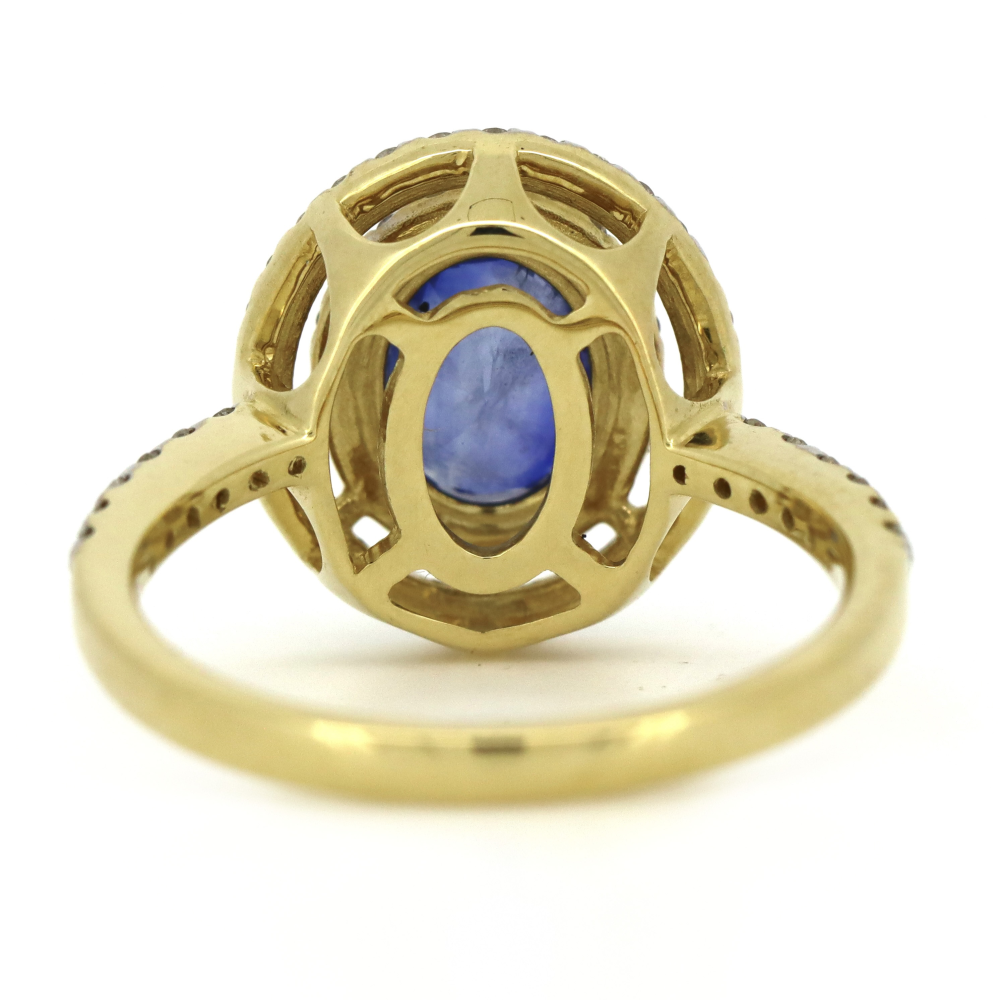 Yellow Gold 1.56ct Blue Ceylon Sapphire and Diamond Double Halo Ring