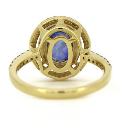 Yellow Gold 1.56ct Blue Ceylon Sapphire and Diamond Double Halo Ring