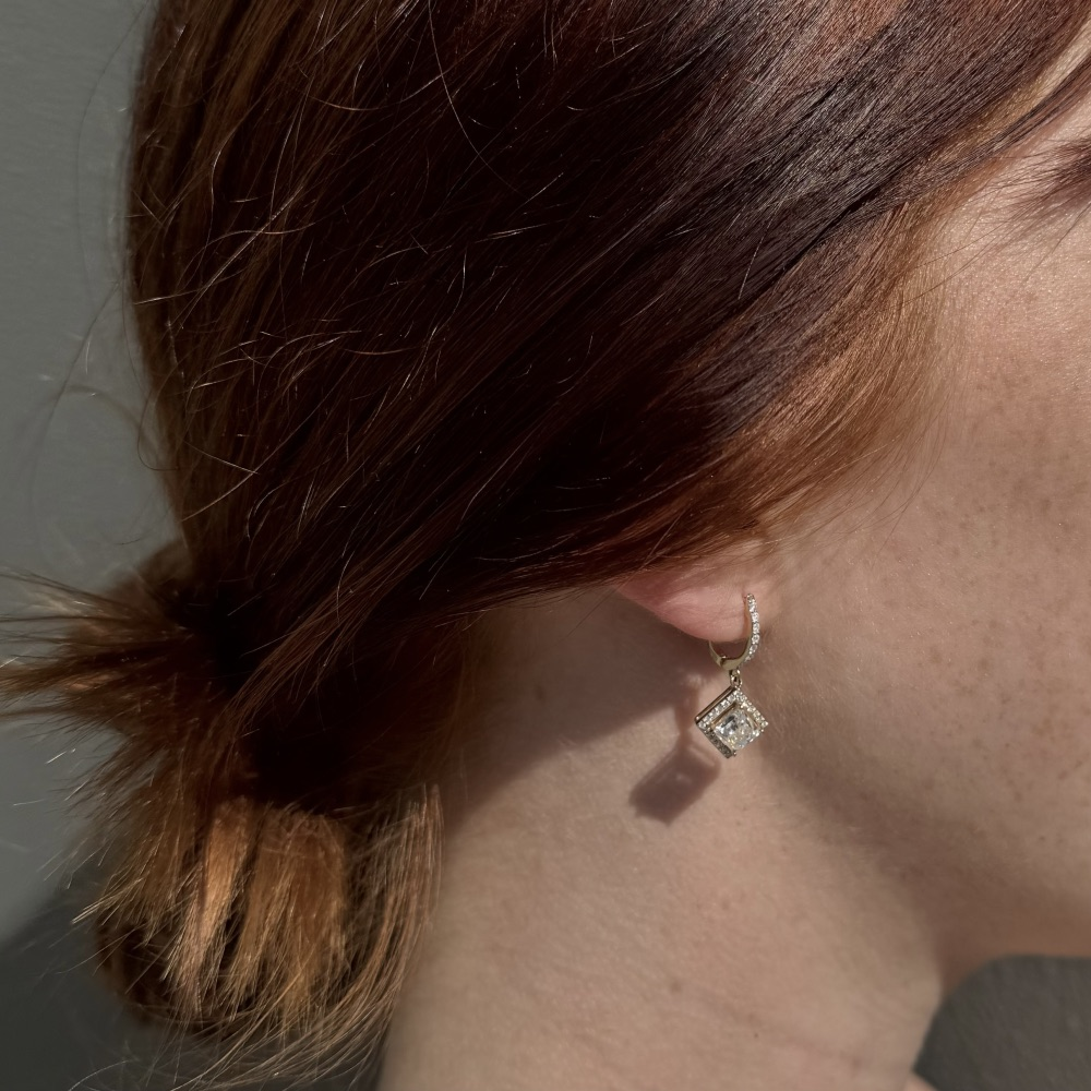 Yellow Gold Diamond Square Halo Drop Earrings