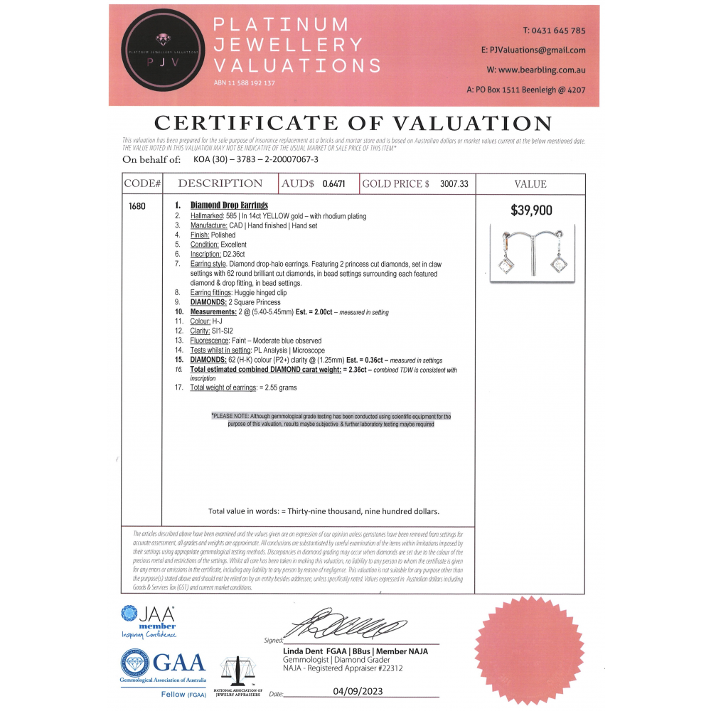 Yellow Gold Diamond Square Halo Drop Earrings