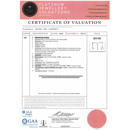 Yellow Gold Diamond Square Halo Drop Earrings