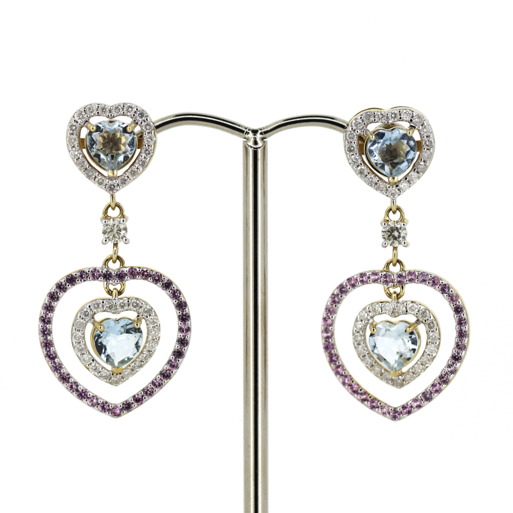Yellow/White Gold Aquamarine, Pink Sapphire and Diamond Floating Halo Drop Earrings