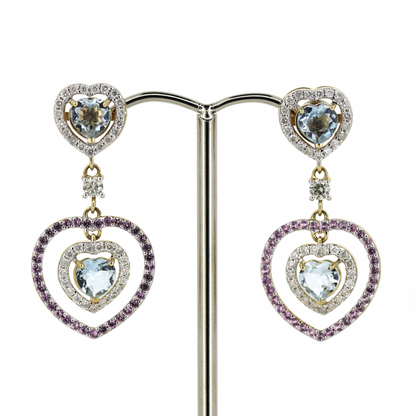 Yellow/White Gold Aquamarine, Pink Sapphire and Diamond Floating Halo Drop Earrings