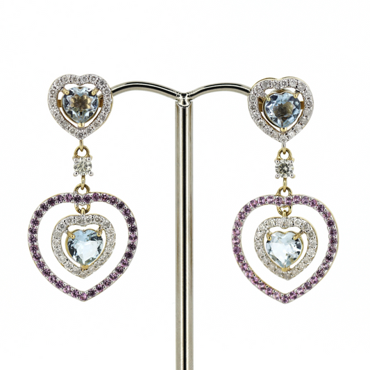 Yellow/White Gold Aquamarine, Pink Sapphire and Diamond Floating Halo Drop Earrings