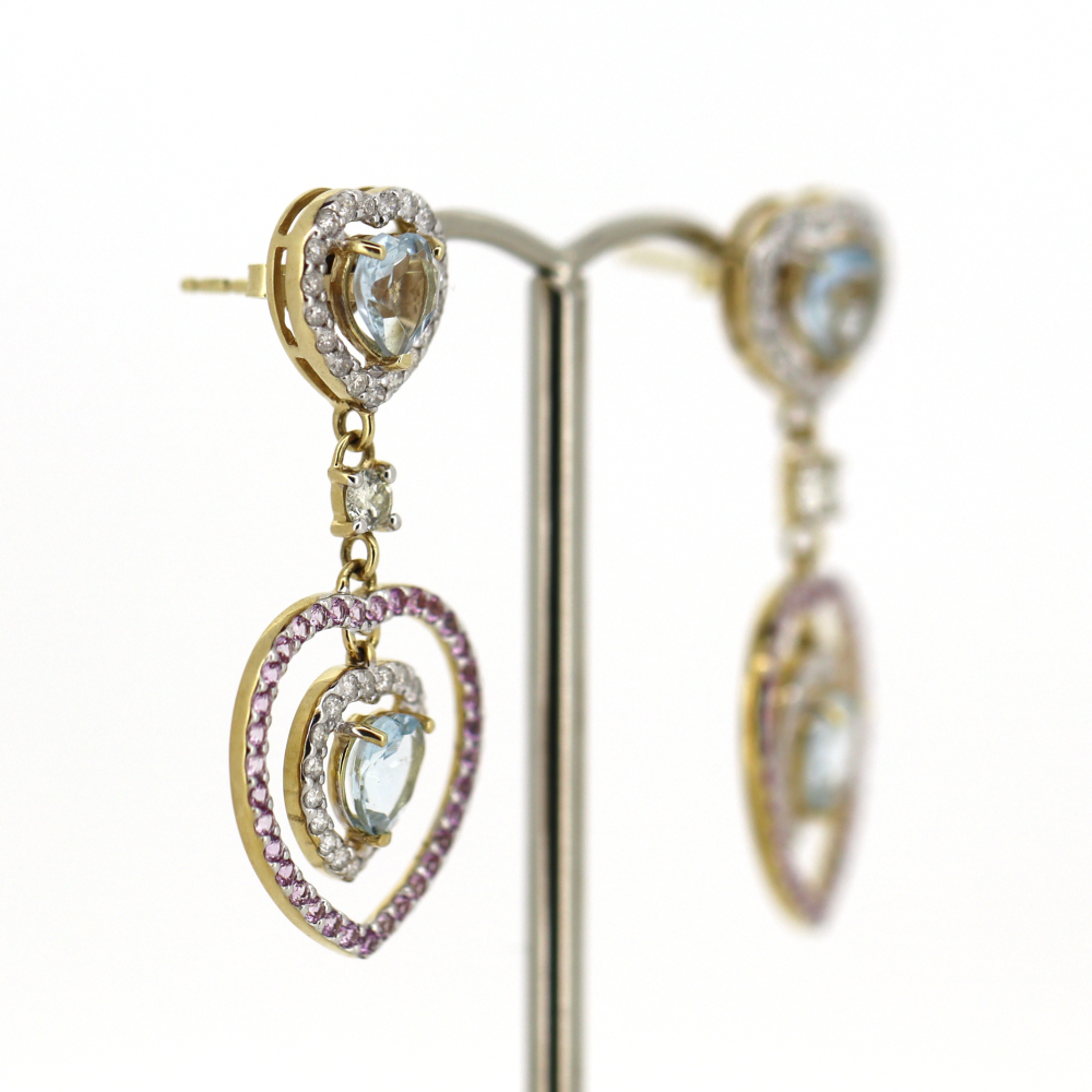Yellow/White Gold Aquamarine, Pink Sapphire and Diamond Floating Halo Drop Earrings