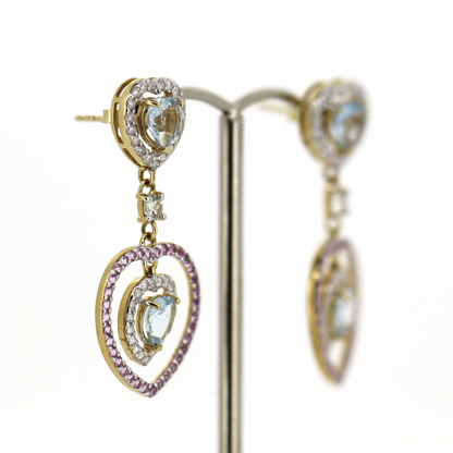 Yellow/White Gold Aquamarine, Pink Sapphire and Diamond Floating Halo Drop Earrings