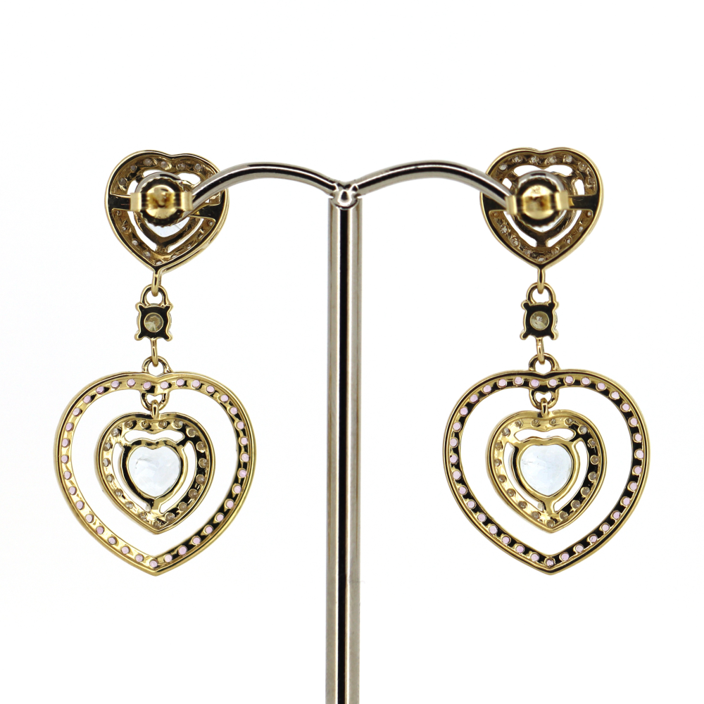 Yellow/White Gold Aquamarine, Pink Sapphire and Diamond Floating Halo Drop Earrings