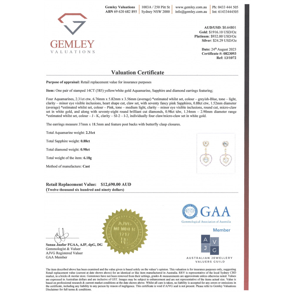 Yellow/White Gold Aquamarine, Pink Sapphire and Diamond Floating Halo Drop Earrings