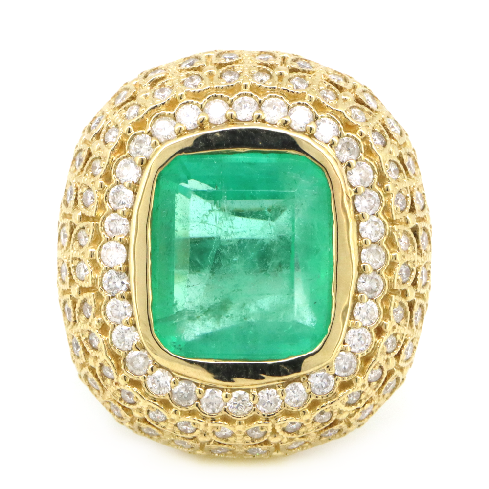 Yellow/White Gold, 4.98ct Colombian Emerald and Diamond, Cluster Ring