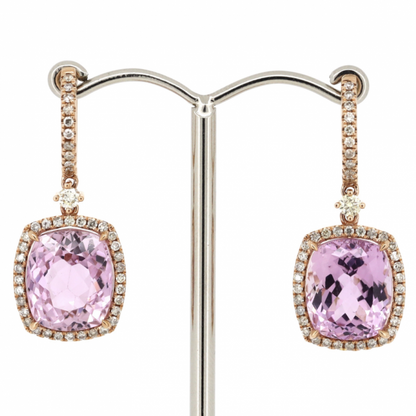 Rose Gold Kunzite and Diamond Halo Drop Earrings