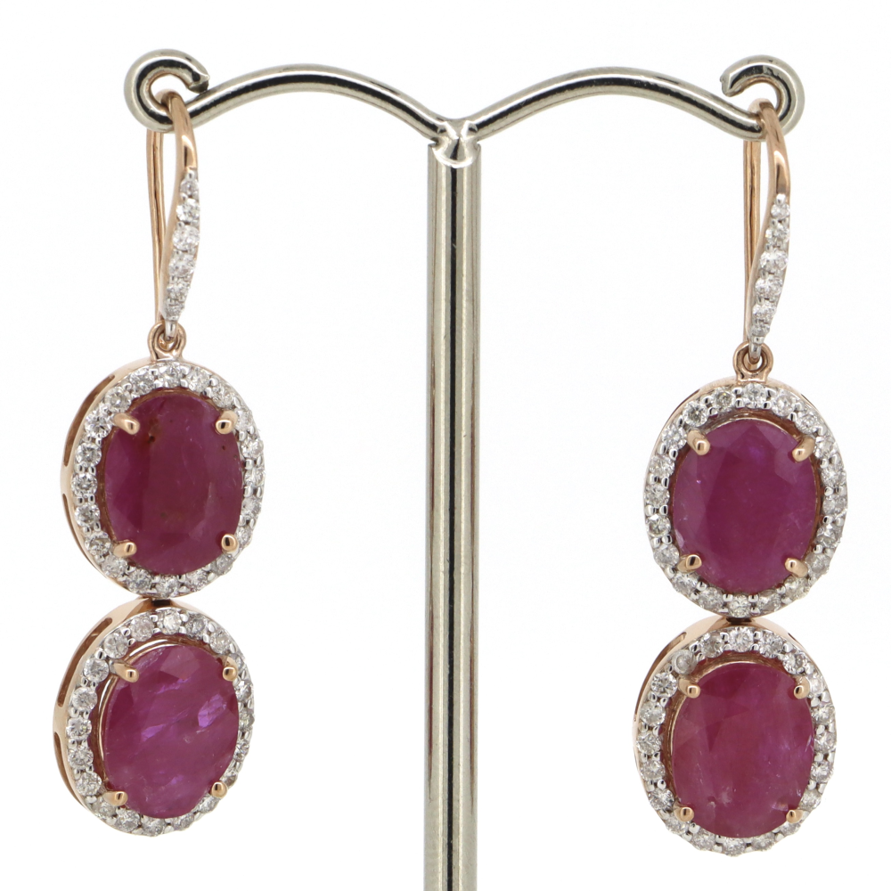 Rose Gold Ruby & Diamond Halo Drop Earrings