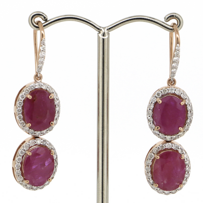 Rose Gold Ruby & Diamond Halo Drop Earrings