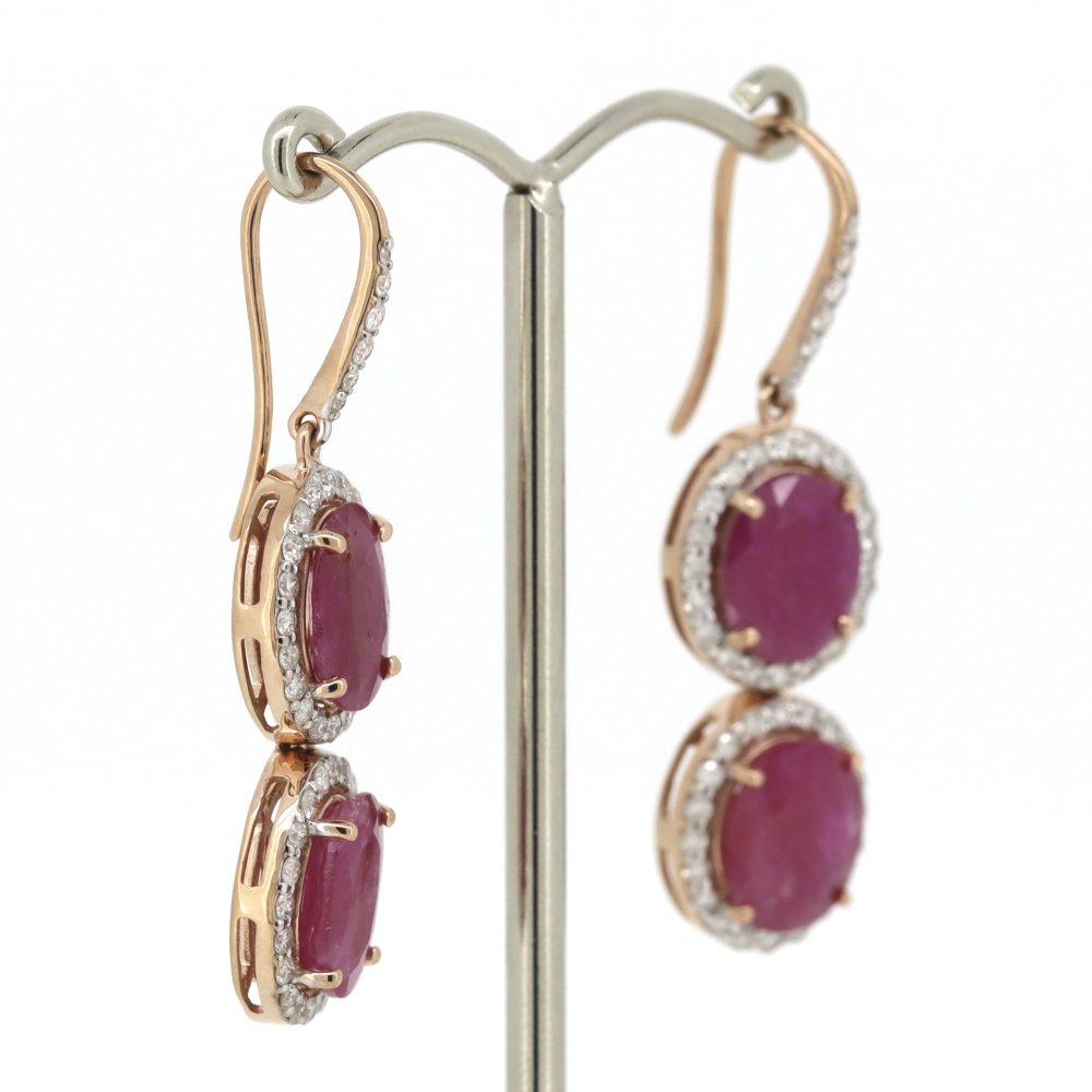 Rose Gold Ruby & Diamond Halo Drop Earrings