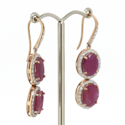 Rose Gold Ruby & Diamond Halo Drop Earrings