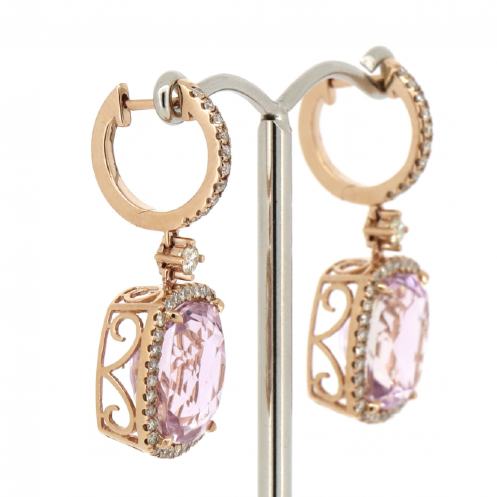 Rose Gold Kunzite and Diamond Halo Drop Earrings