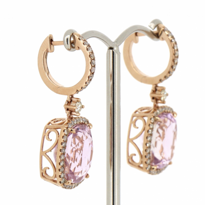 Rose Gold Kunzite and Diamond Halo Drop Earrings
