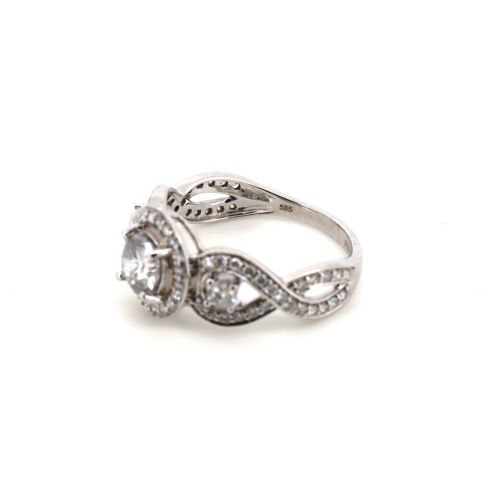 14K White Gold and Diamond Halo Trilogy Style Ring