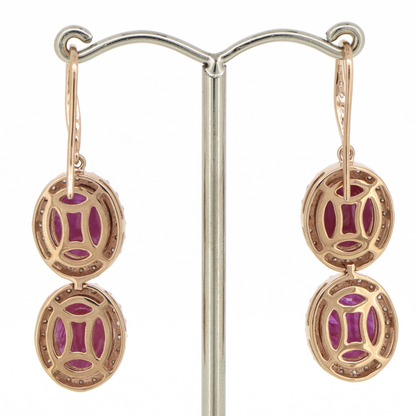 Rose Gold Ruby & Diamond Halo Drop Earrings