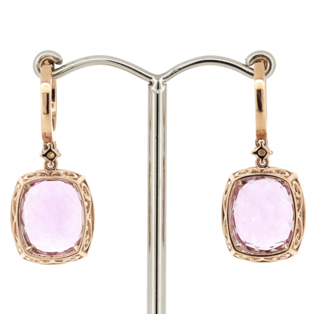 Rose Gold Kunzite and Diamond Halo Drop Earrings