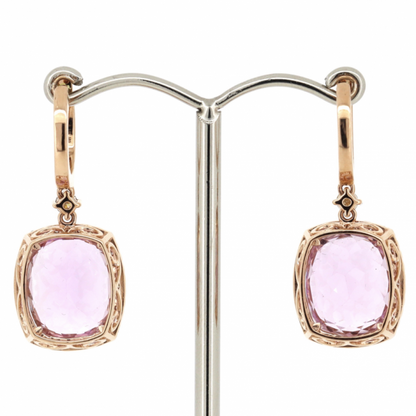 Rose Gold Kunzite and Diamond Halo Drop Earrings