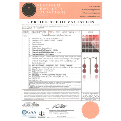 Rose Gold Ruby & Diamond Halo Drop Earrings