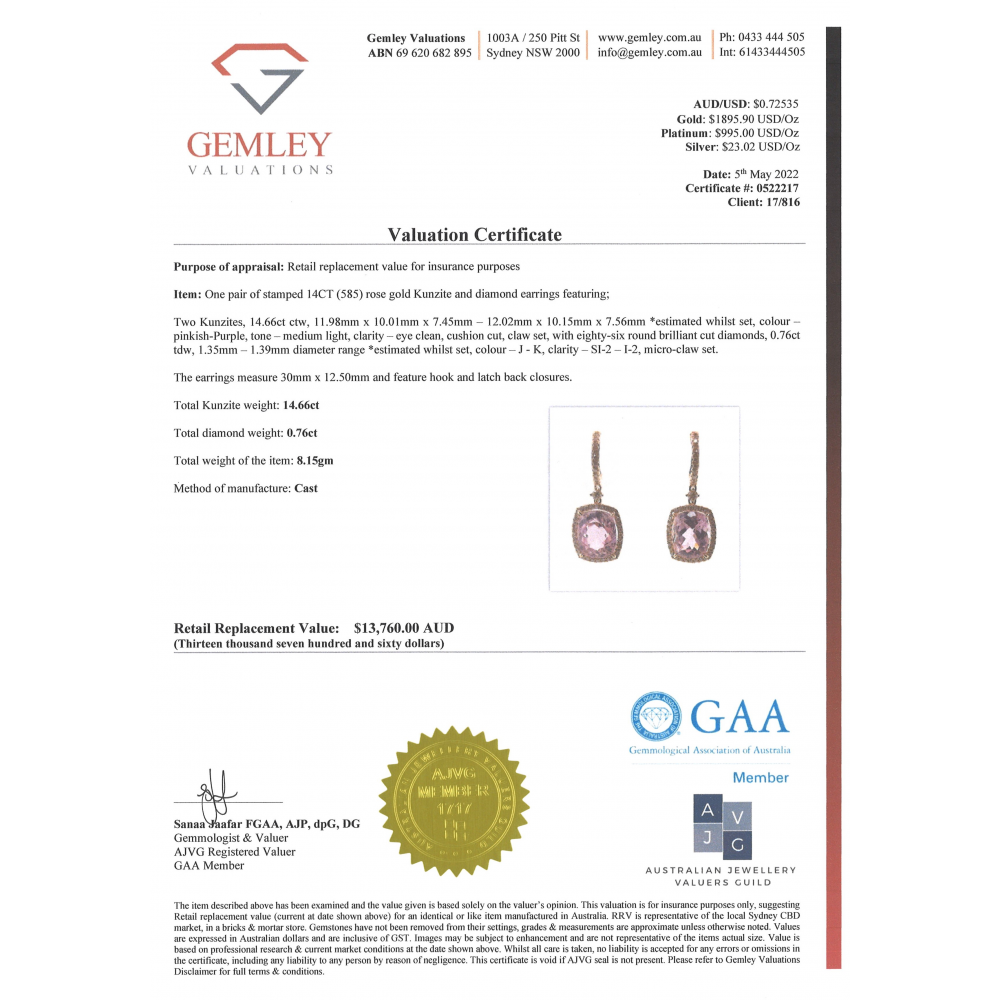 Rose Gold Kunzite and Diamond Halo Drop Earrings
