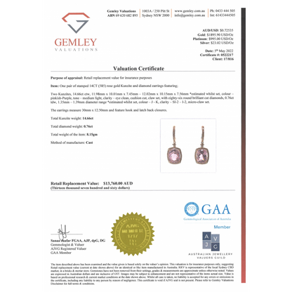 Rose Gold Kunzite and Diamond Halo Drop Earrings